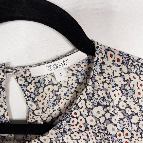 Derek Lam 10 Crosby Womens 4 Blue Ivory Floral Silk Windowpane Blouse Keyhole - Picture 10 of 12